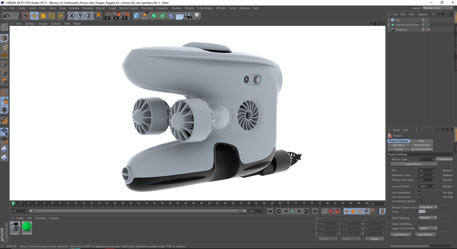 3D model Blueye X3 Underwater Drone with Gripper Rigged for Cinema 4D