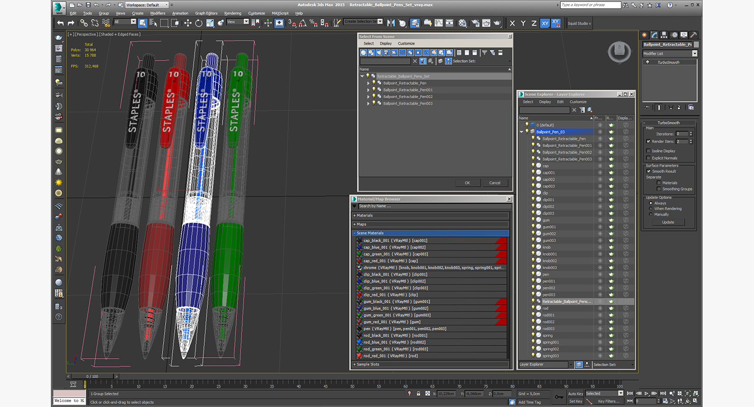 3D model Retractable Ballpoint Pens Set