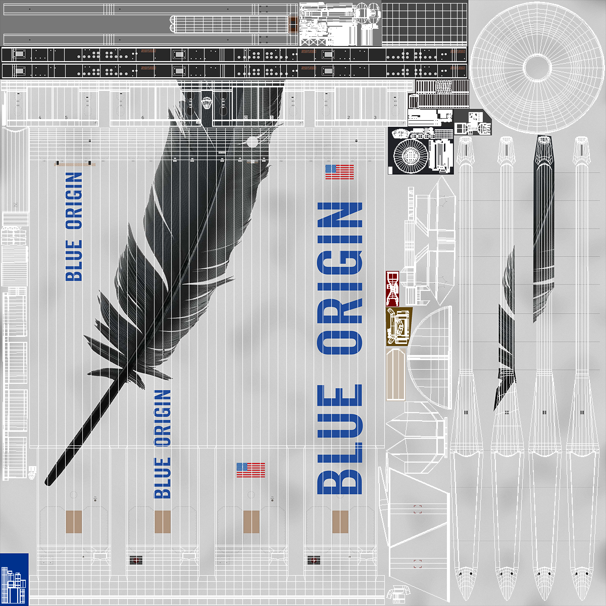 3D Blue Origin New Shepard Rocket Booster with Crew Capsule