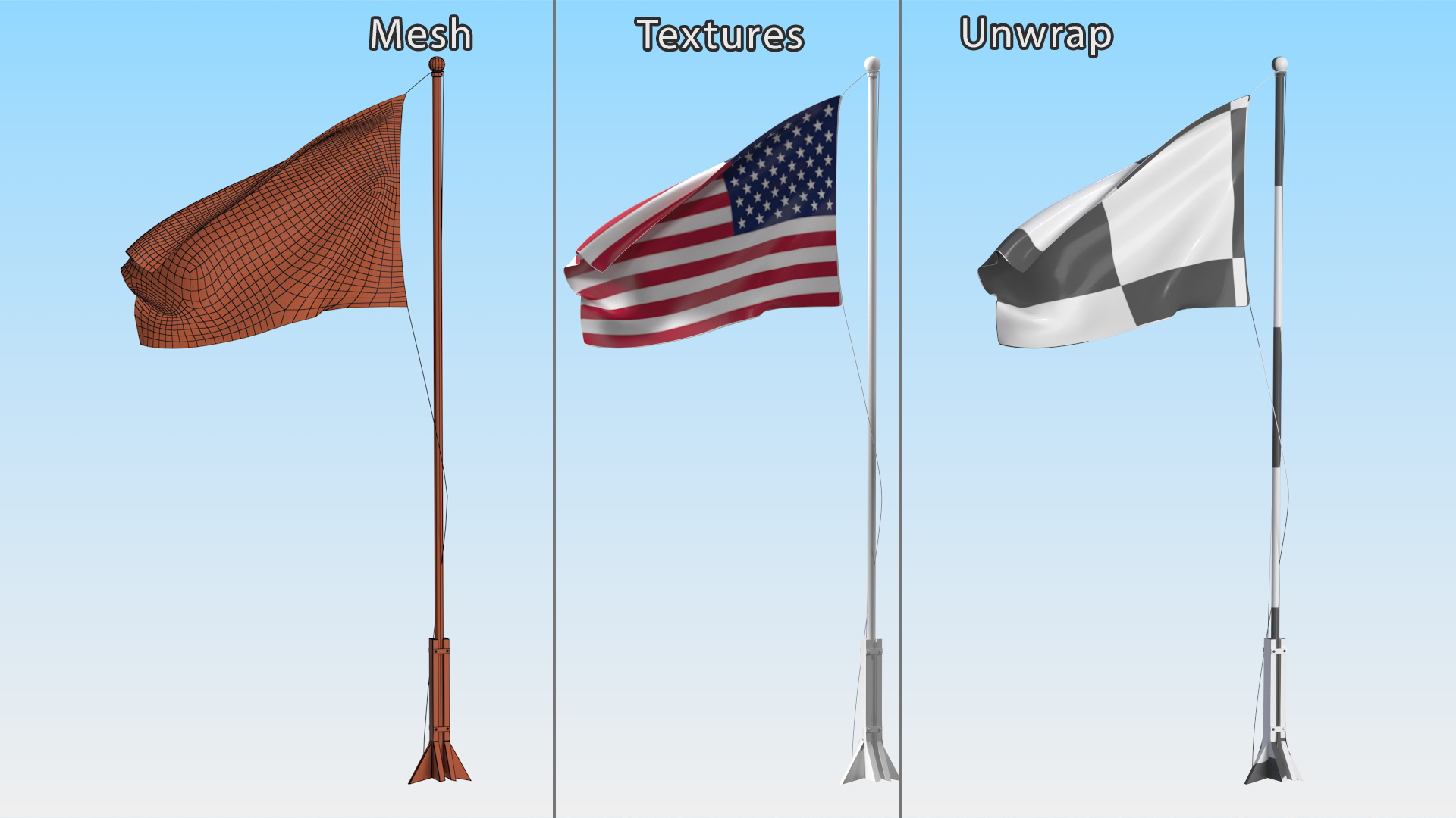 3D USA Flag on Small Flagpole