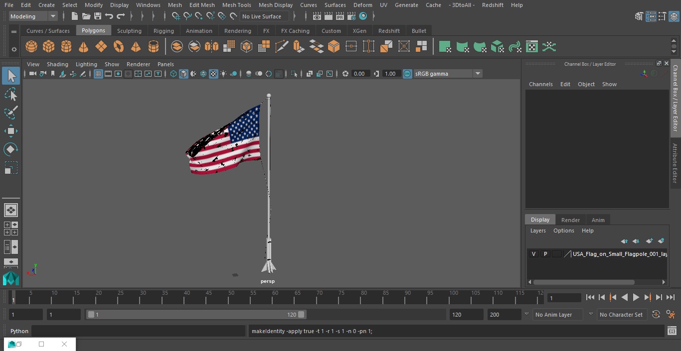 3D USA Flag on Small Flagpole