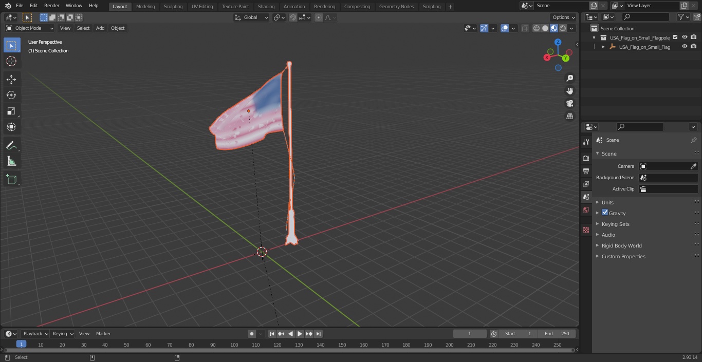 3D USA Flag on Small Flagpole