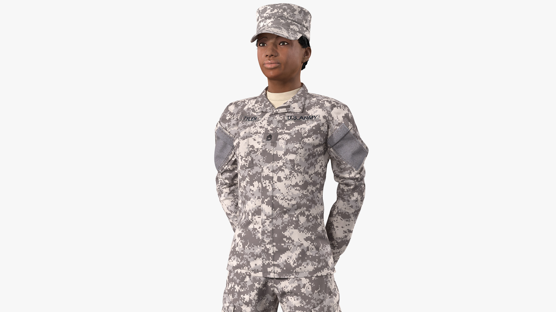 3D Black Female Soldier Military ACU Standing Pose Fur