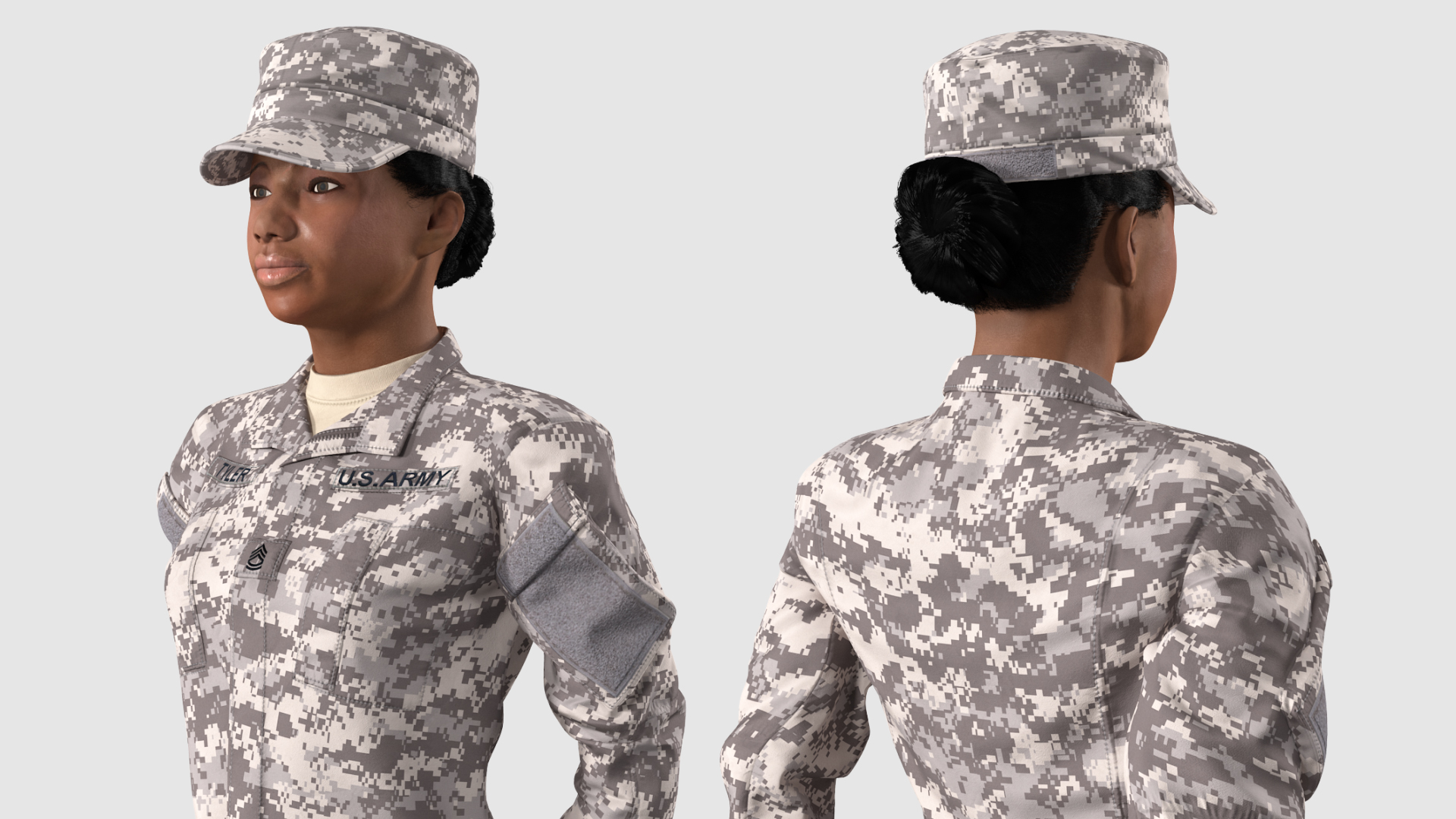 3D Black Female Soldier Military ACU Standing Pose Fur