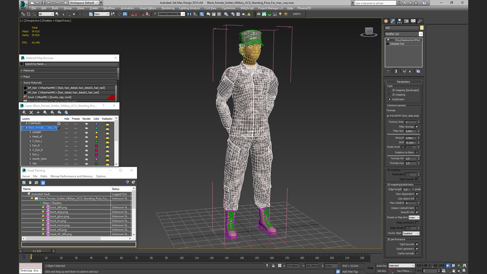 3D Black Female Soldier Military ACU Standing Pose Fur