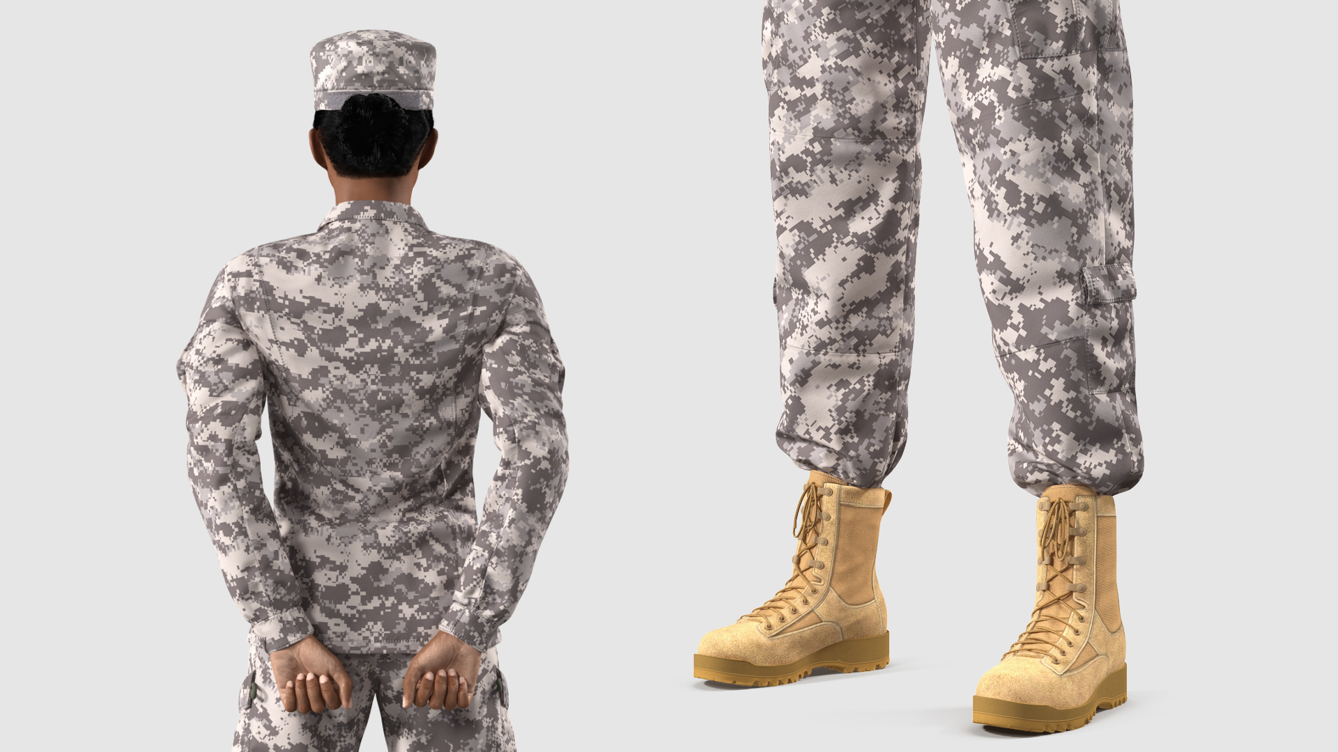 3D Black Female Soldier Military ACU Standing Pose Fur