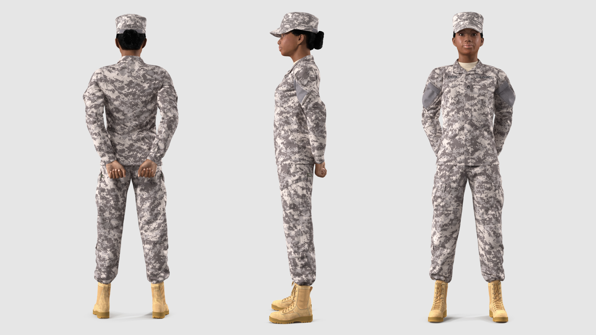 3D Black Female Soldier Military ACU Standing Pose Fur