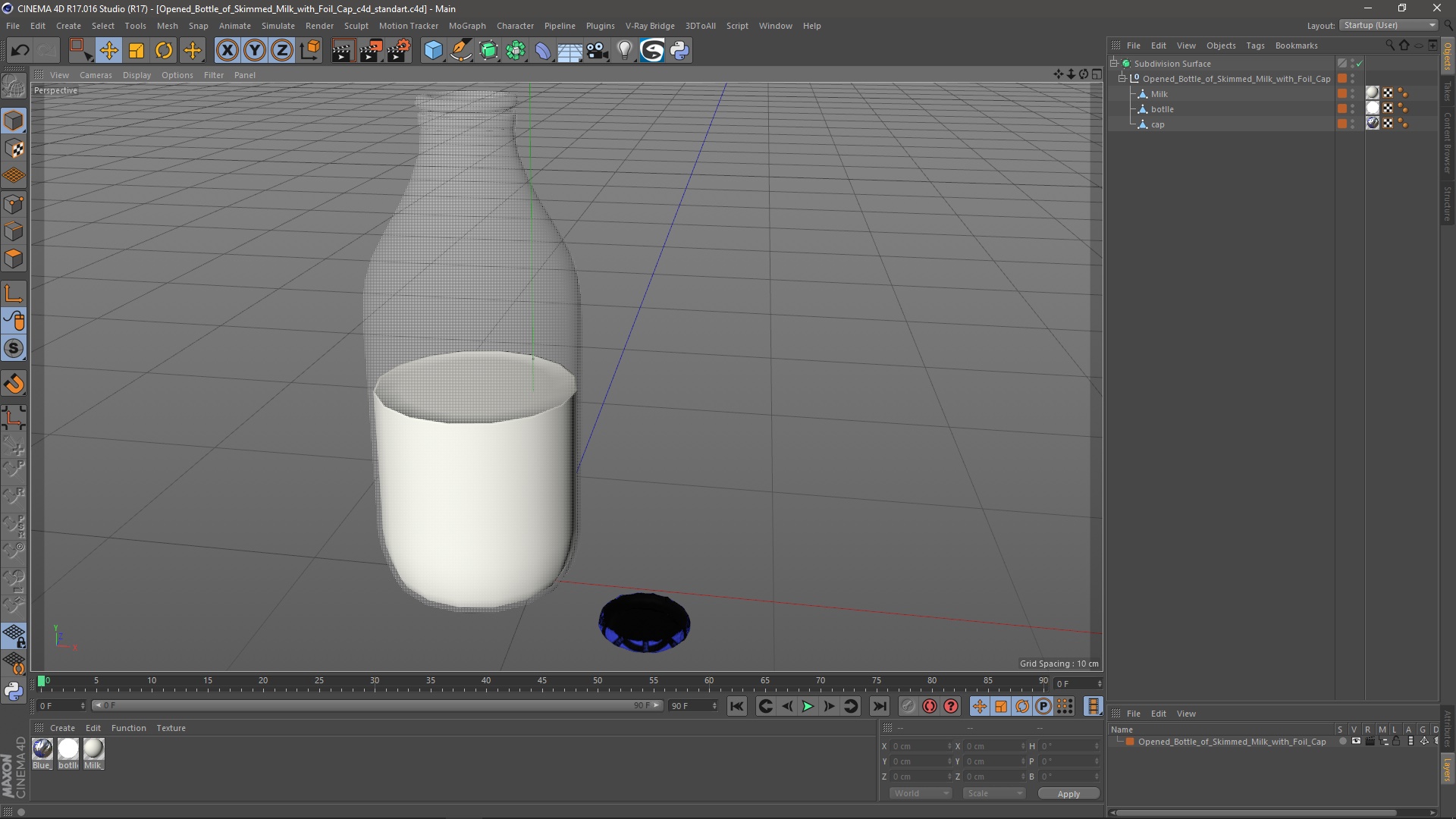 3D Opened Bottle of Skimmed Milk with Foil Cap model