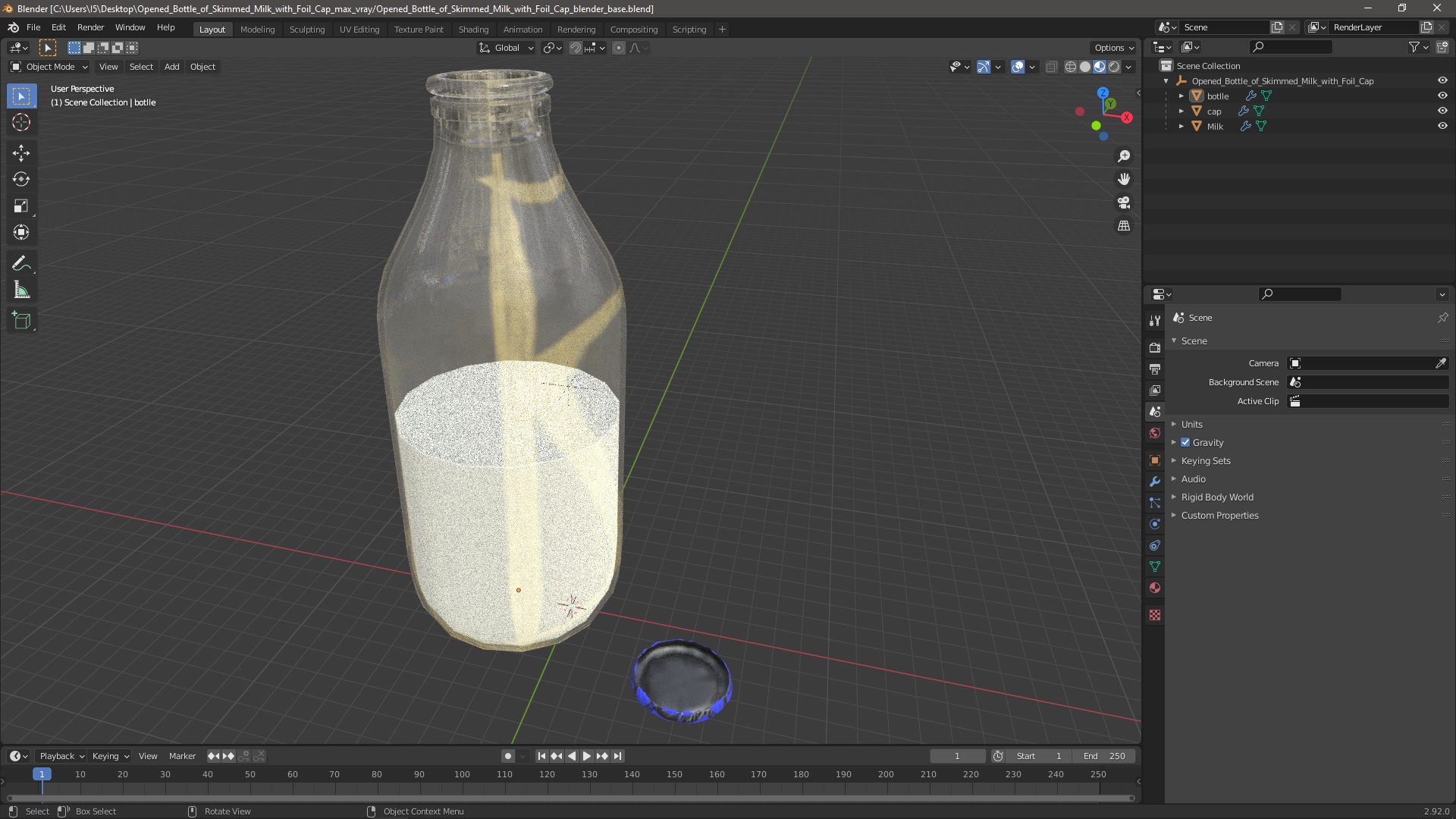 3D Opened Bottle of Skimmed Milk with Foil Cap model