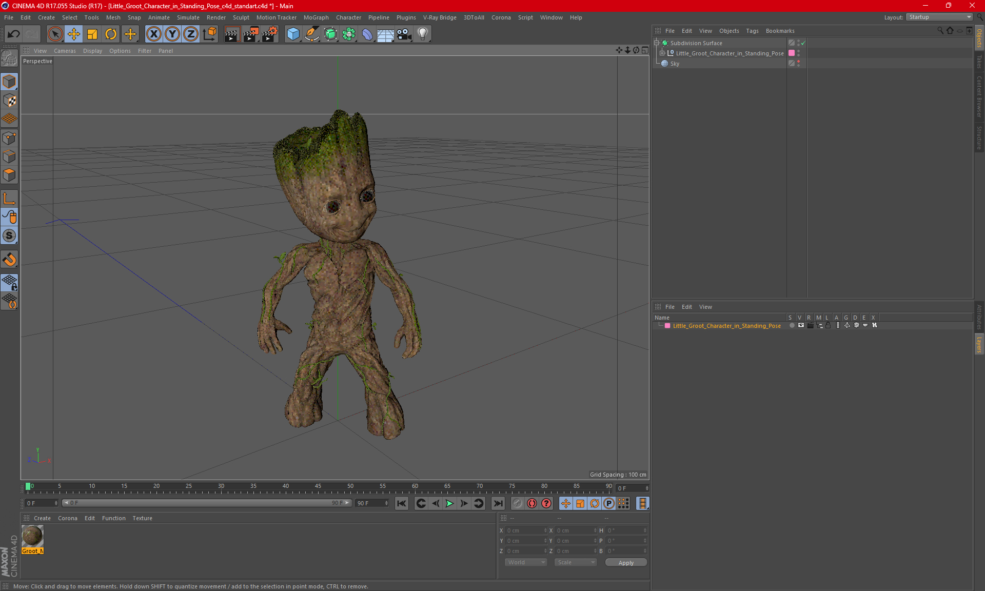 Little Groot Character in Standing Pose 3D model
