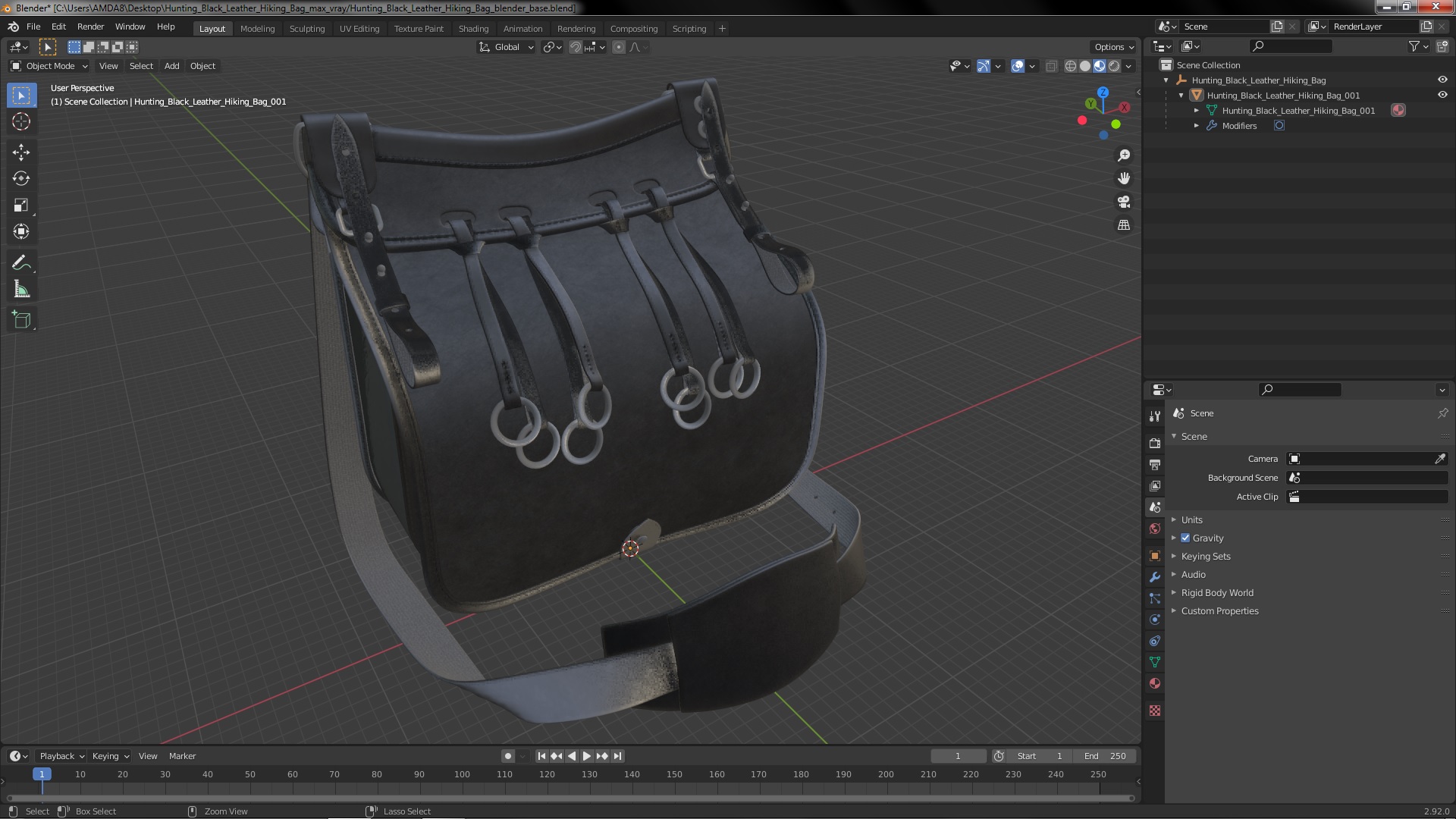 Hunting Black Leather Hiking Bag 3D