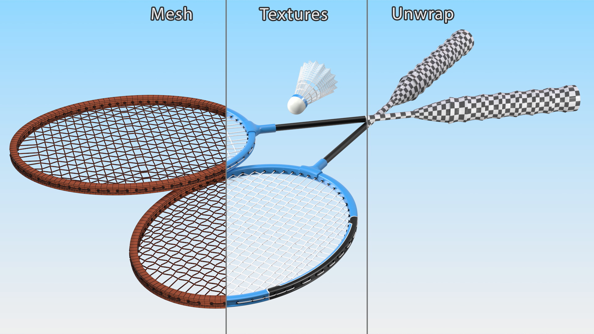 3D Two Blue Badminton Rackets with Plastic Shuttlecock