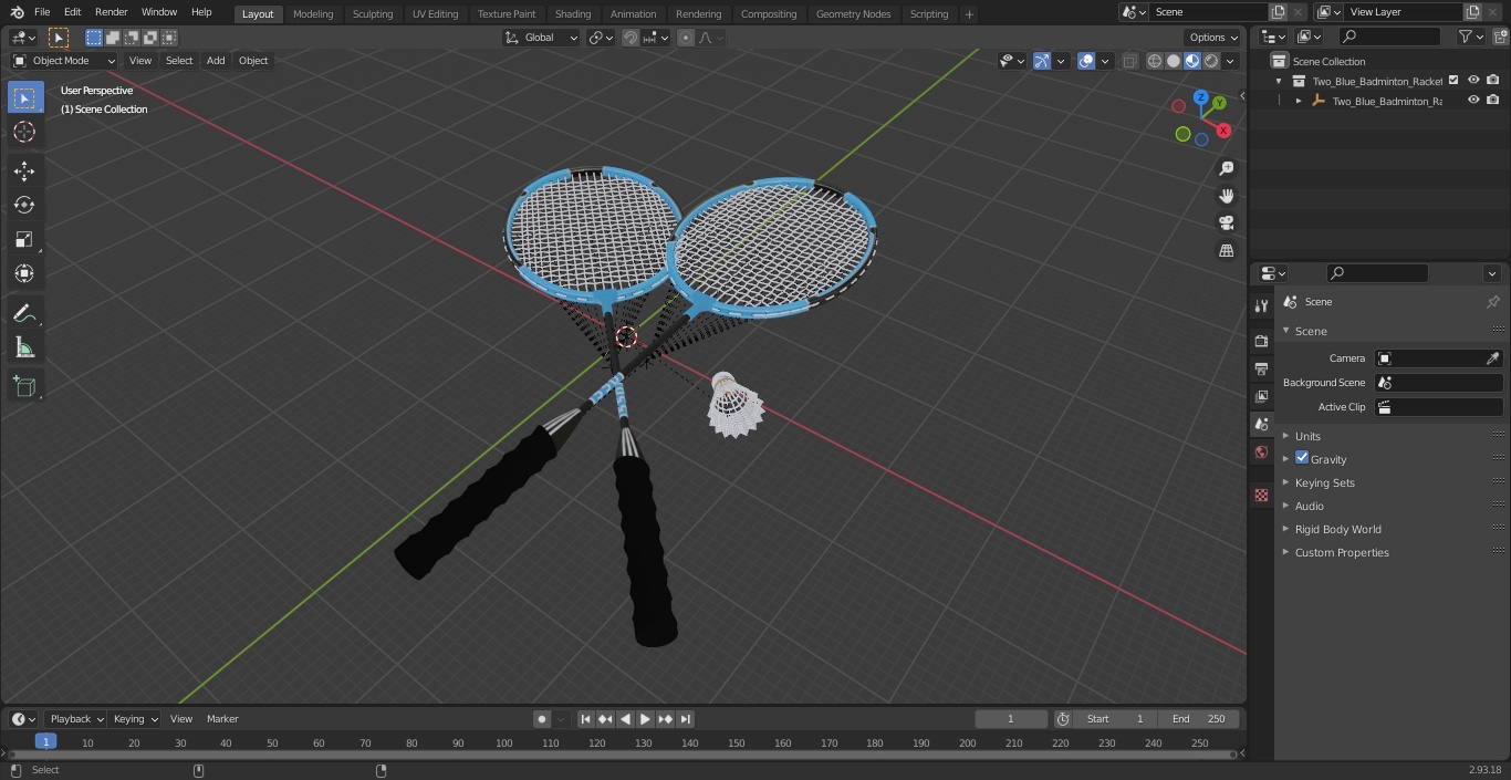 3D Two Blue Badminton Rackets with Plastic Shuttlecock
