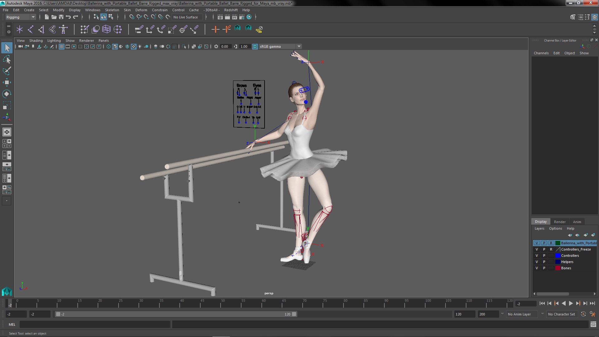 Ballerina with Portable Ballet Barre Rigged for Maya 3D