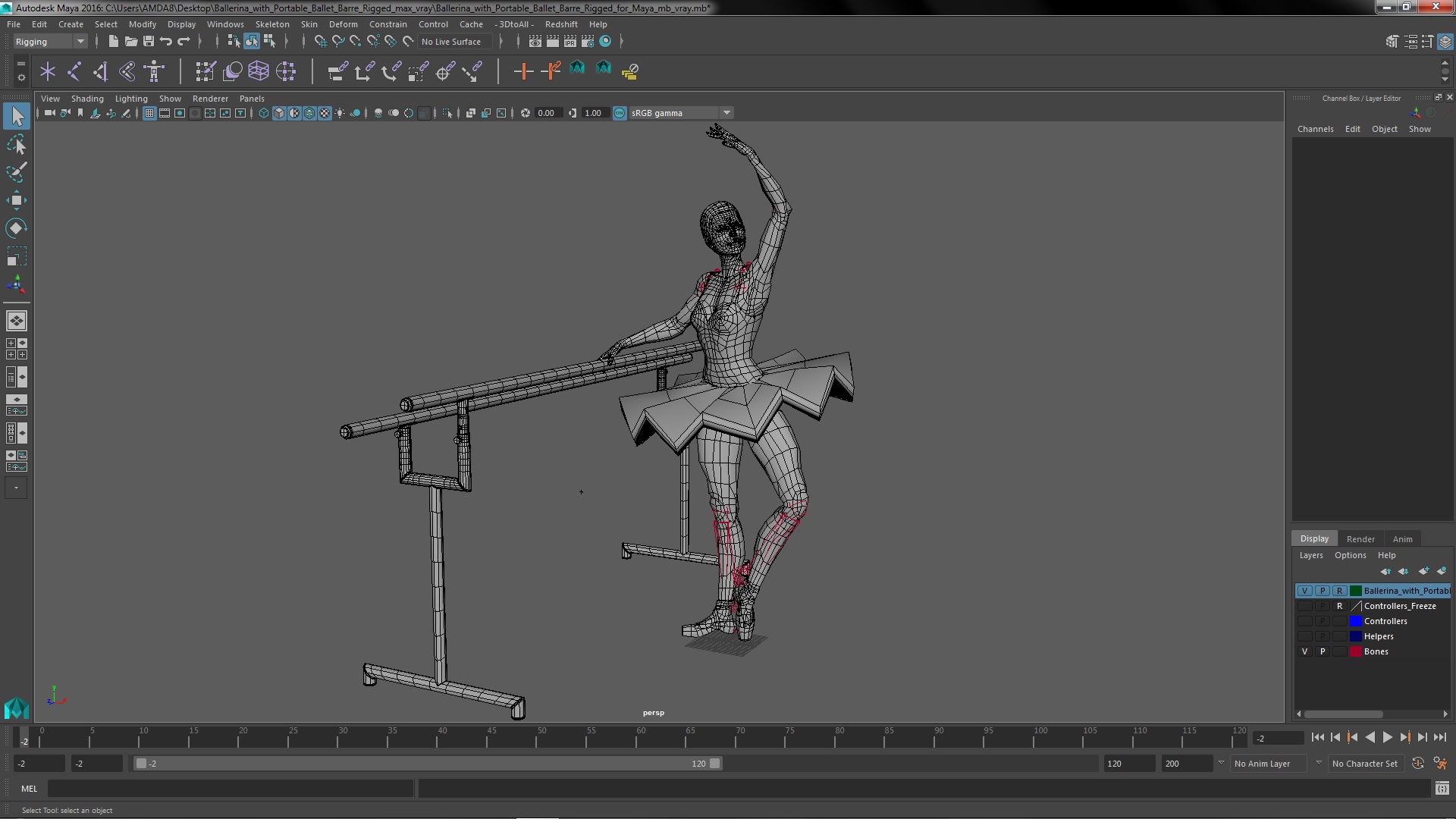 Ballerina with Portable Ballet Barre Rigged for Maya 3D