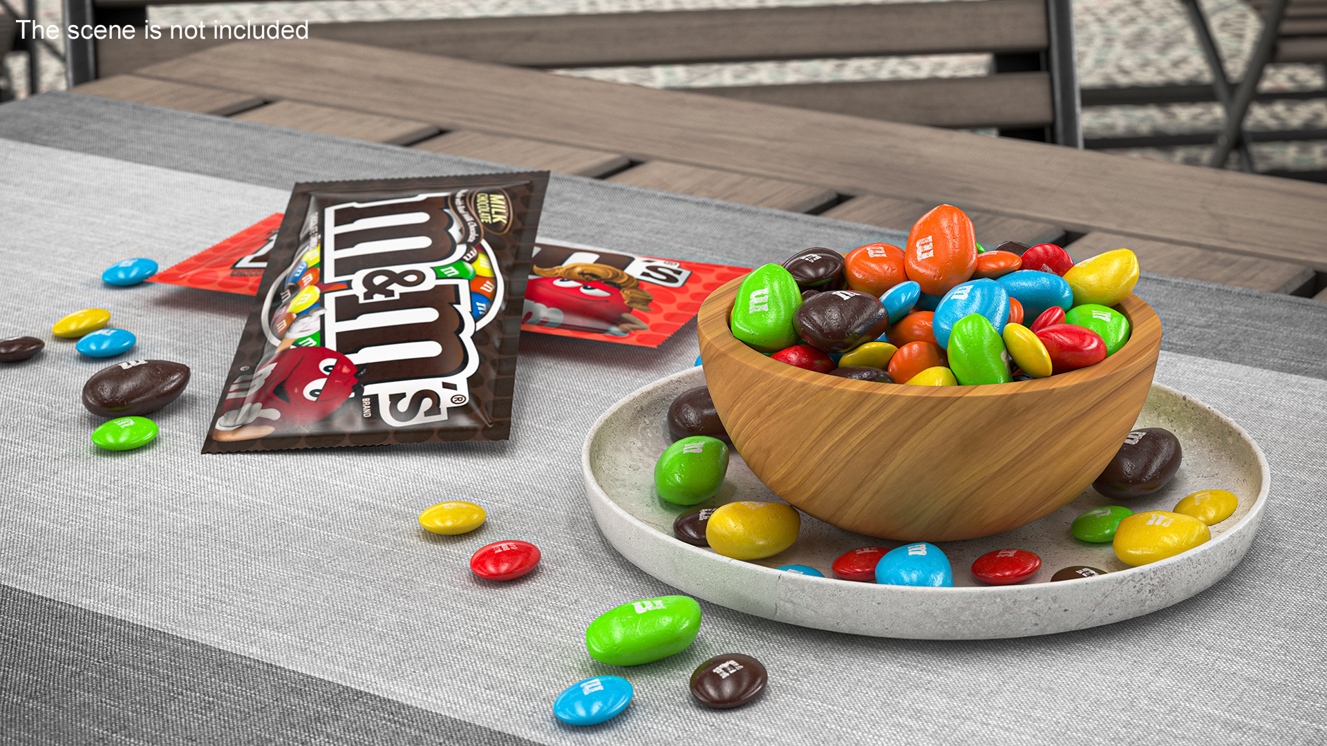 3D Various M and Ms Candies in Bowl with Packages