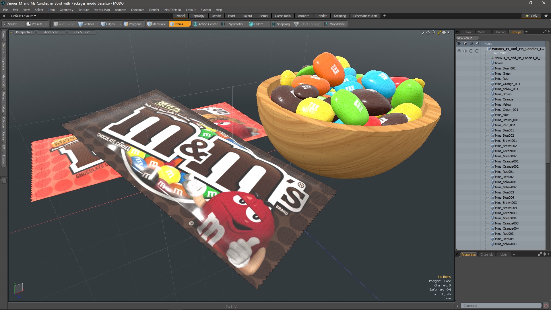 3D Various M and Ms Candies in Bowl with Packages