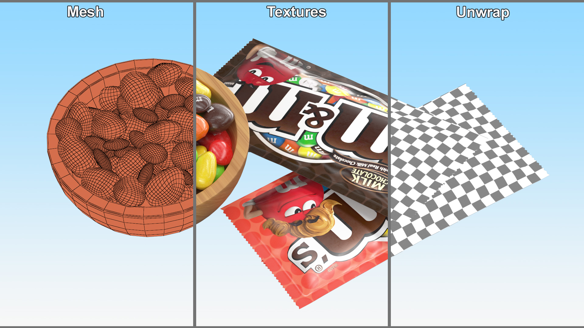 3D Various M and Ms Candies in Bowl with Packages