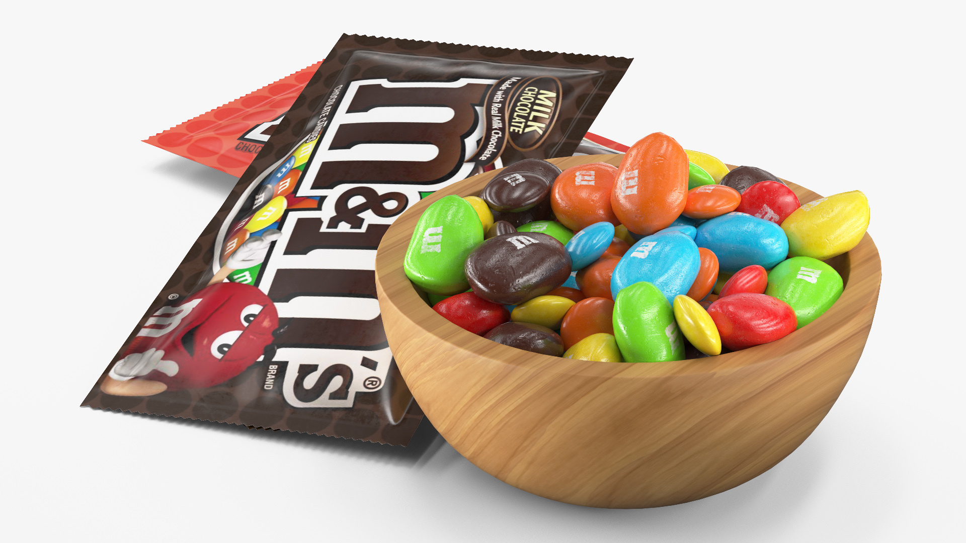3D Various M and Ms Candies in Bowl with Packages