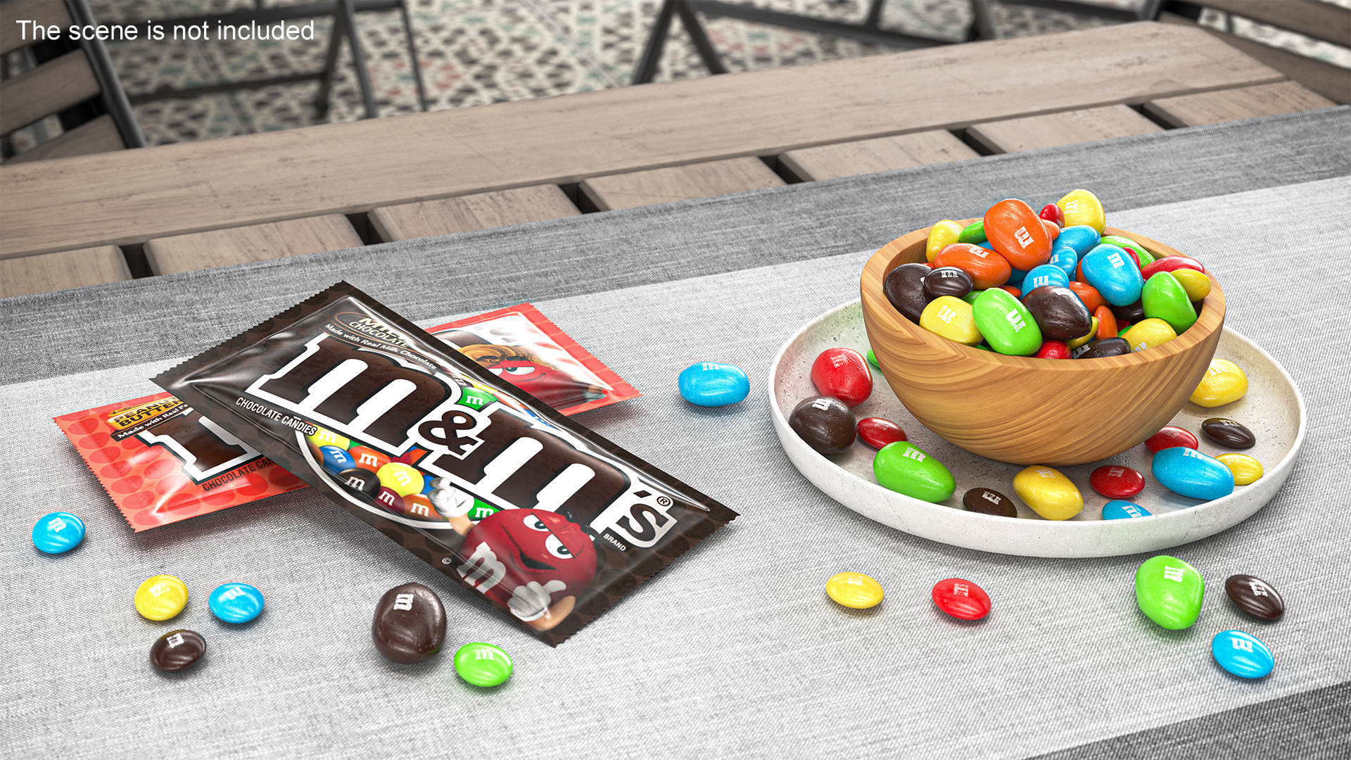 3D Various M and Ms Candies in Bowl with Packages