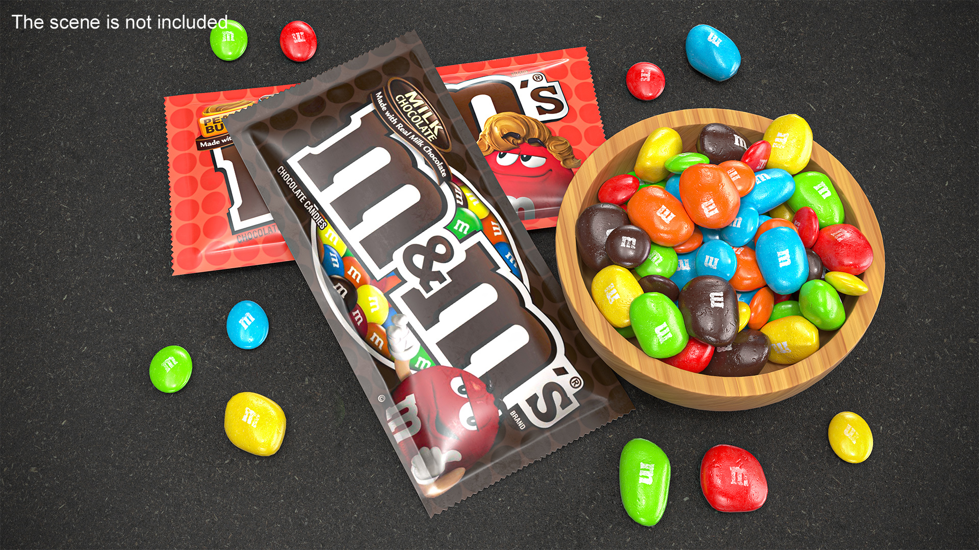 3D Various M and Ms Candies in Bowl with Packages