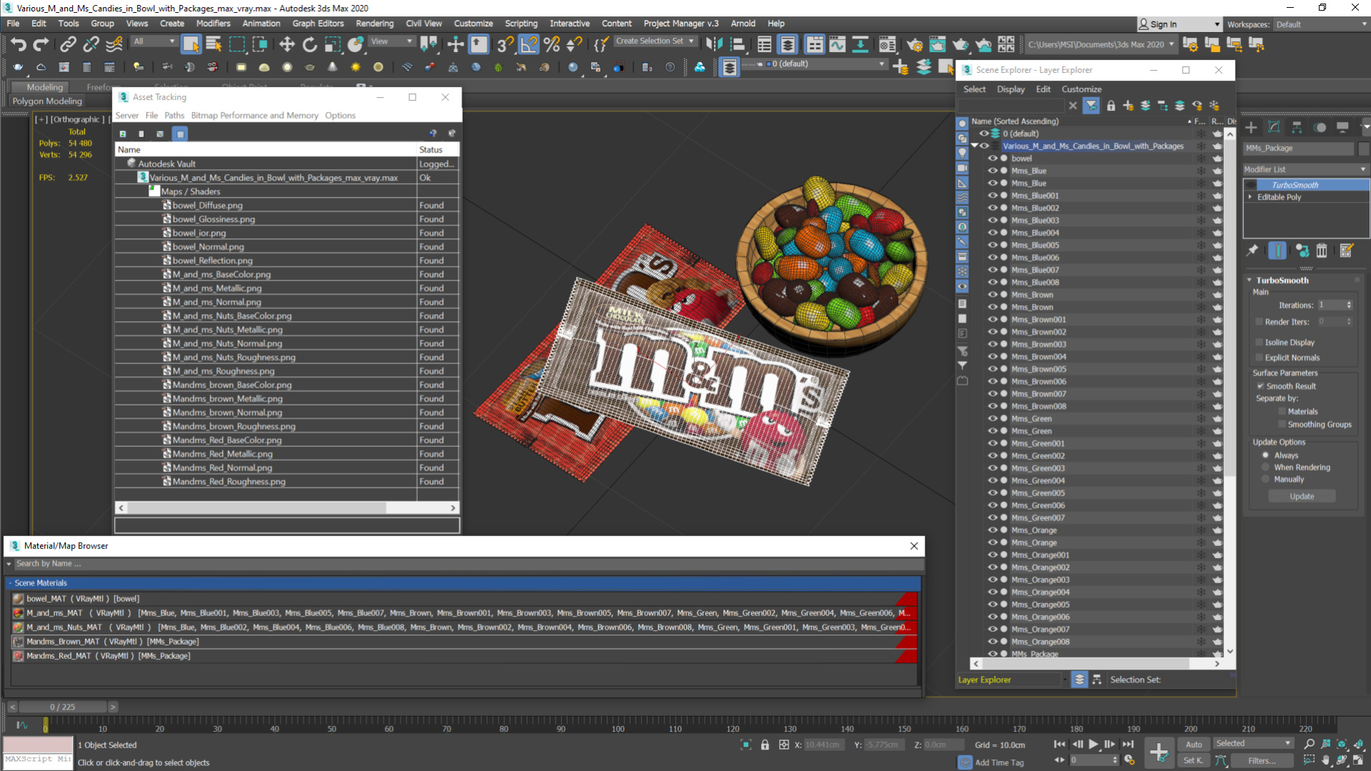 3D Various M and Ms Candies in Bowl with Packages