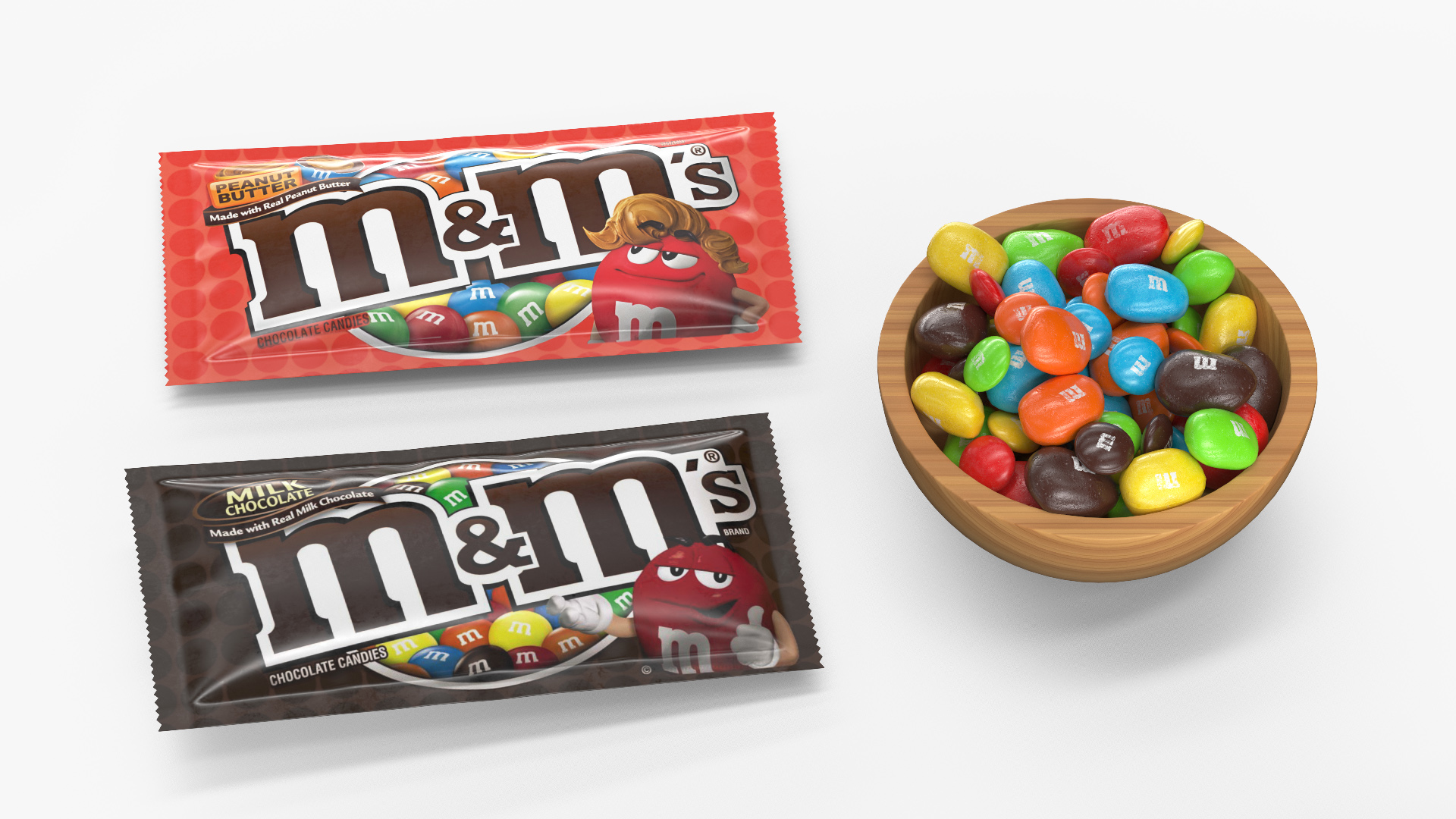 3D Various M and Ms Candies in Bowl with Packages