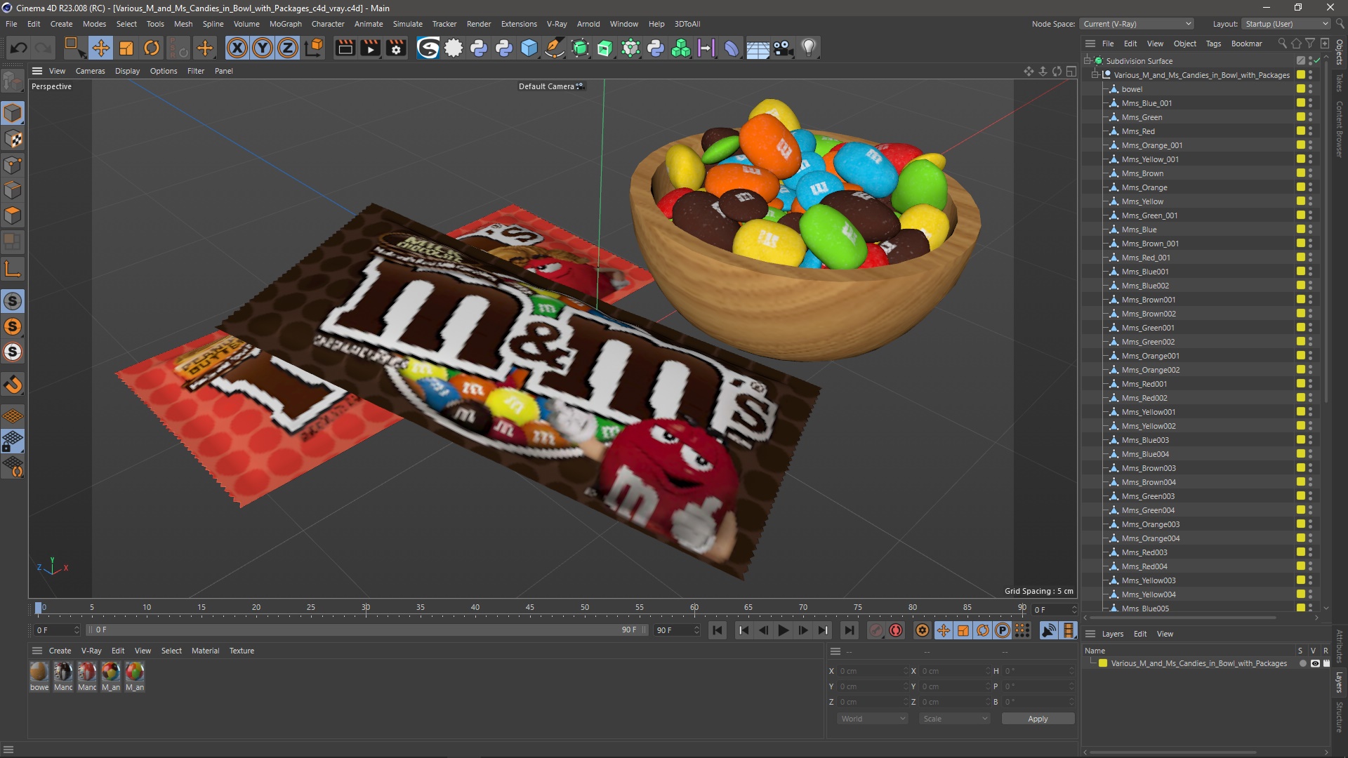 3D Various M and Ms Candies in Bowl with Packages
