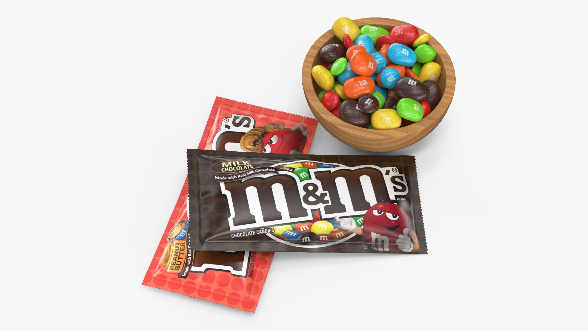 3D Various M and Ms Candies in Bowl with Packages