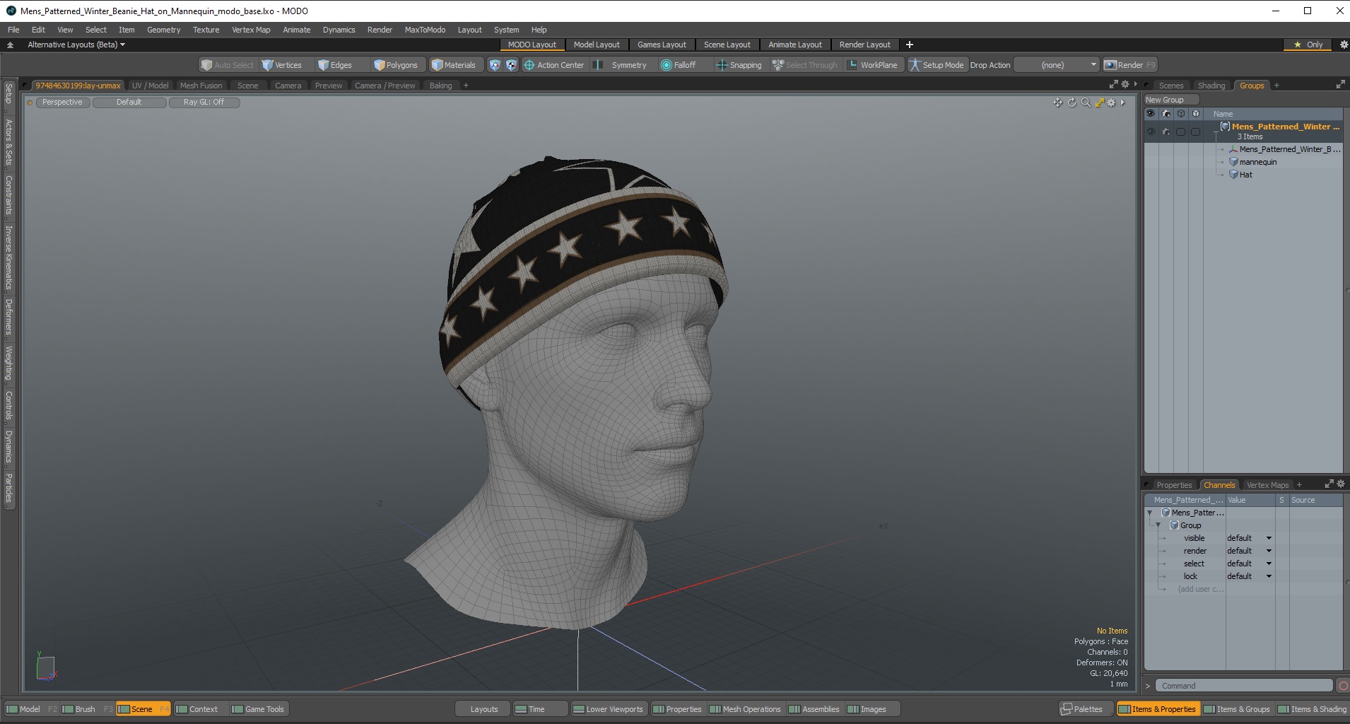 3D model Mens Patterned Winter Beanie Hat on Mannequin