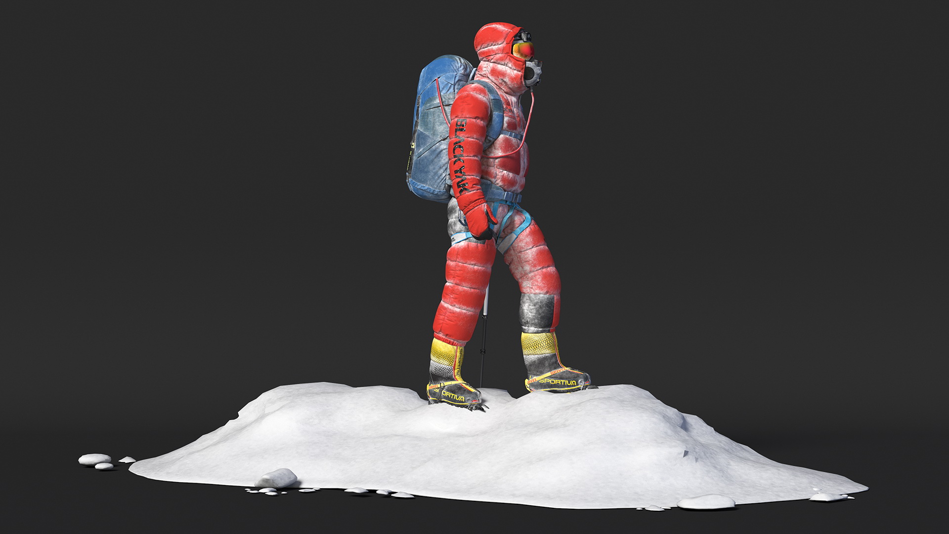 3D Climber in a Snow-Covered Suit Goes to Everest