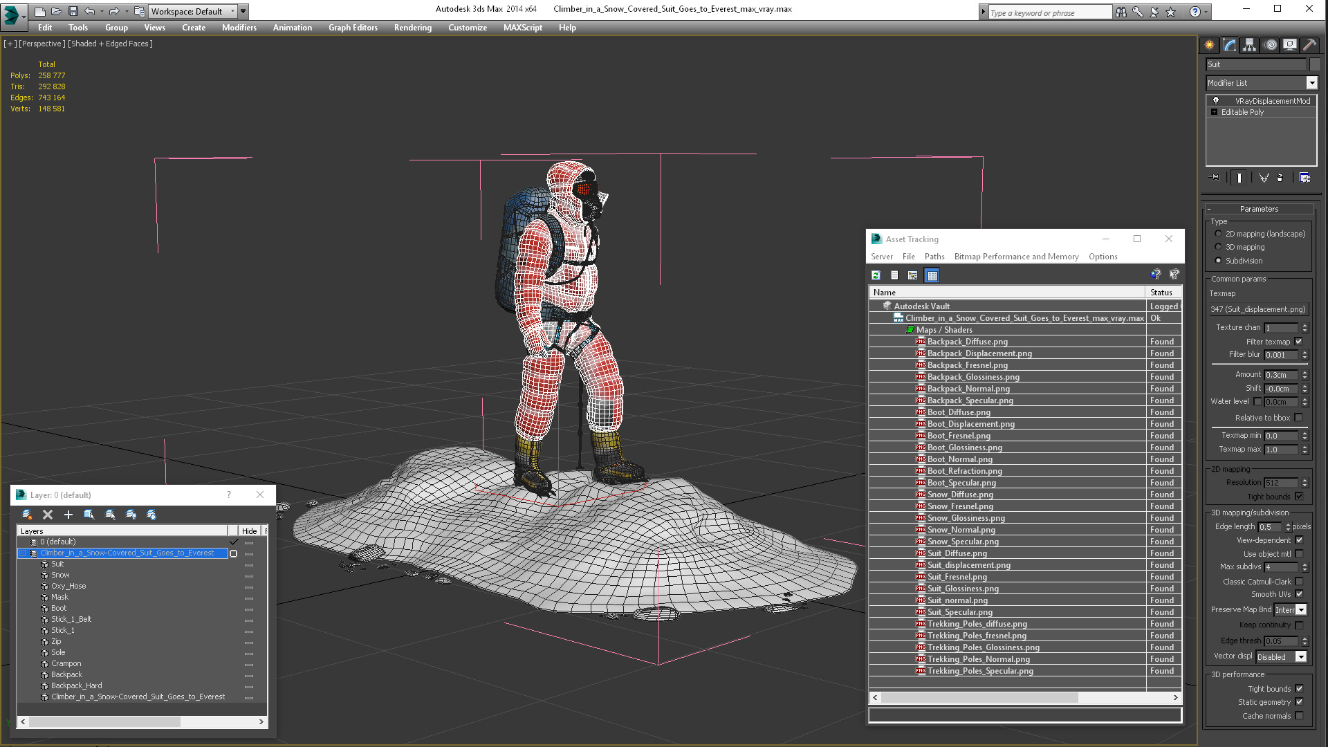 3D Climber in a Snow-Covered Suit Goes to Everest