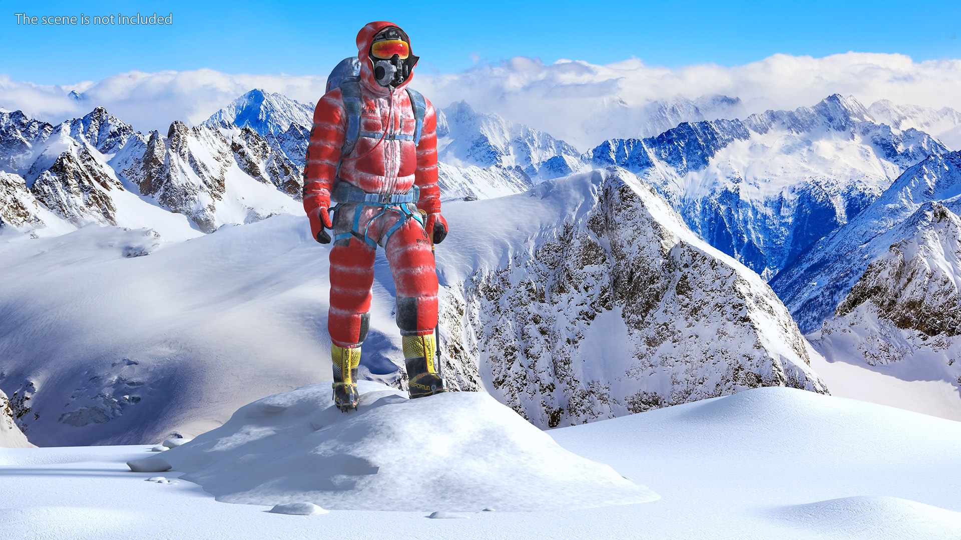 3D Climber in a Snow-Covered Suit Goes to Everest
