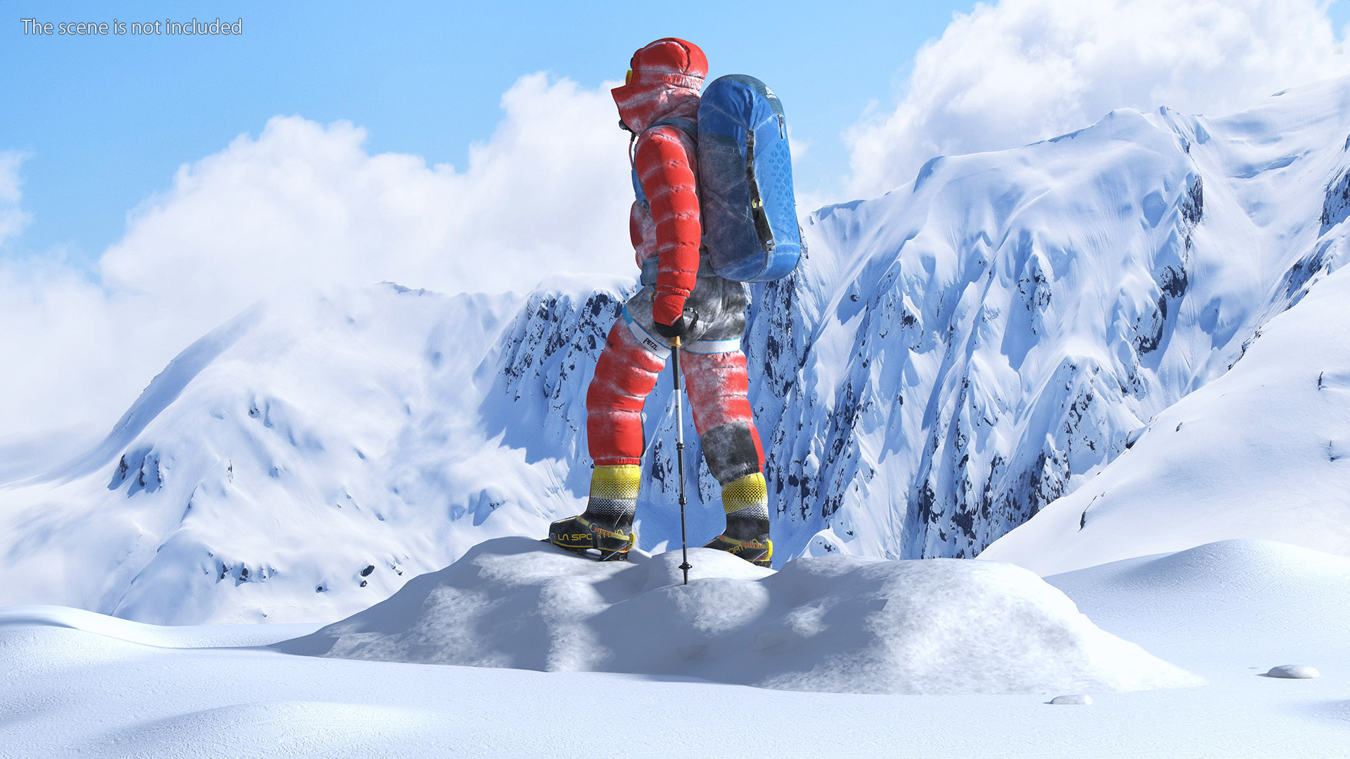 3D Climber in a Snow-Covered Suit Goes to Everest