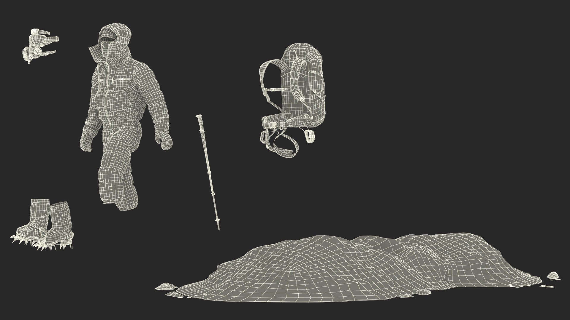 3D Climber in a Snow-Covered Suit Goes to Everest