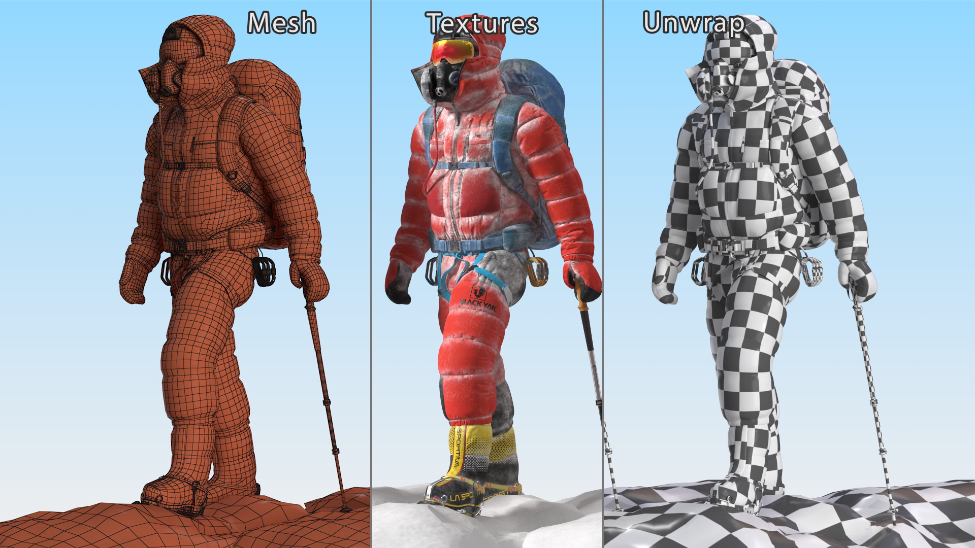 3D Climber in a Snow-Covered Suit Goes to Everest