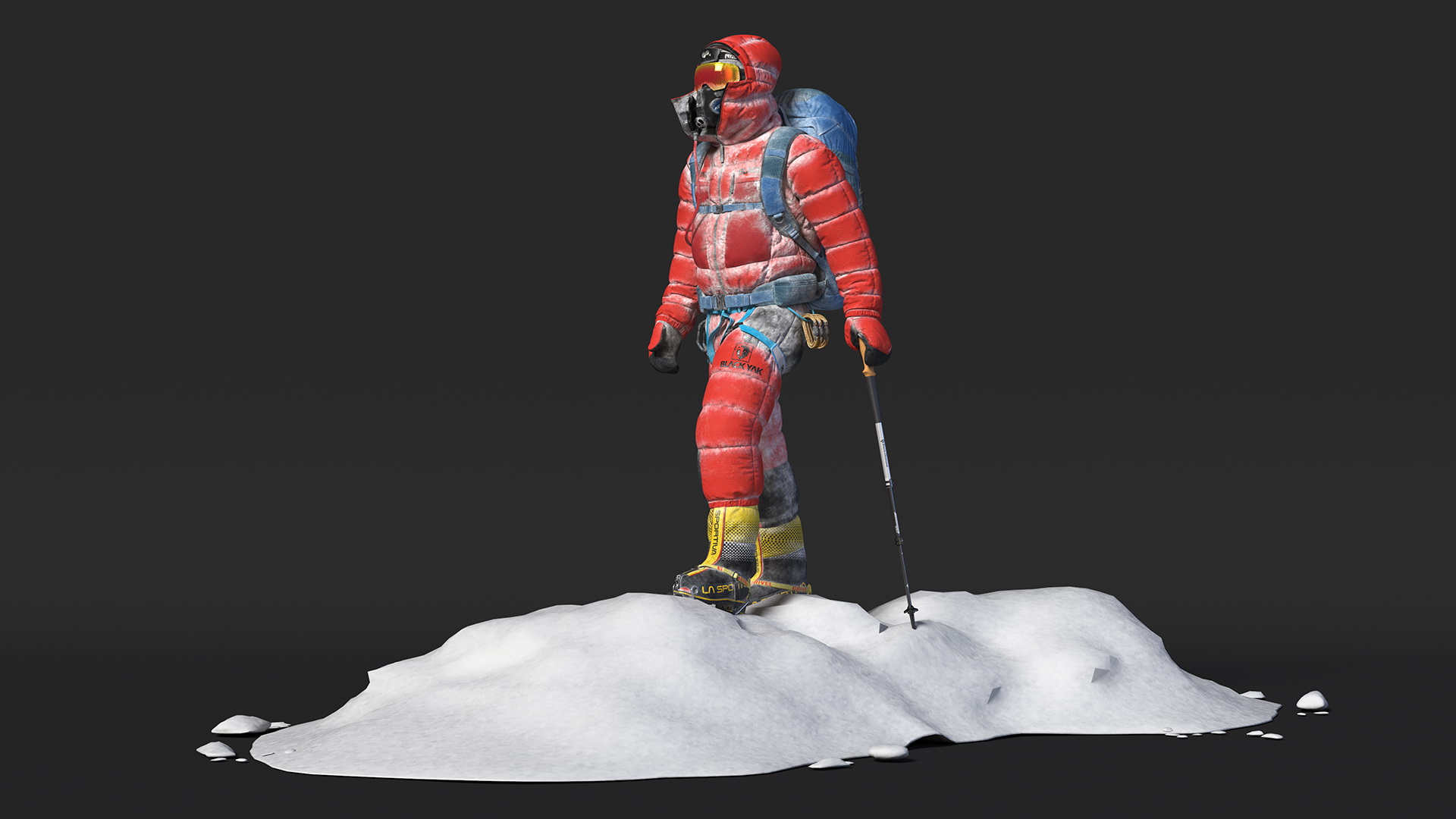 3D Climber in a Snow-Covered Suit Goes to Everest