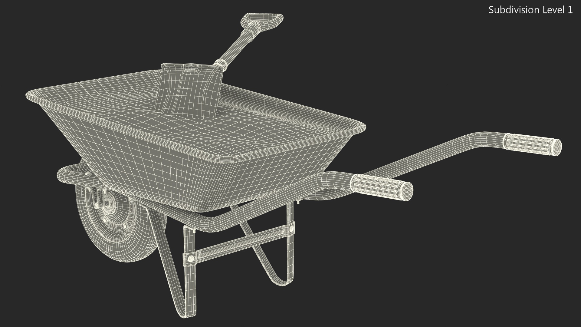 3D One Wheel Construction Cart Full of Concrete with Shovel