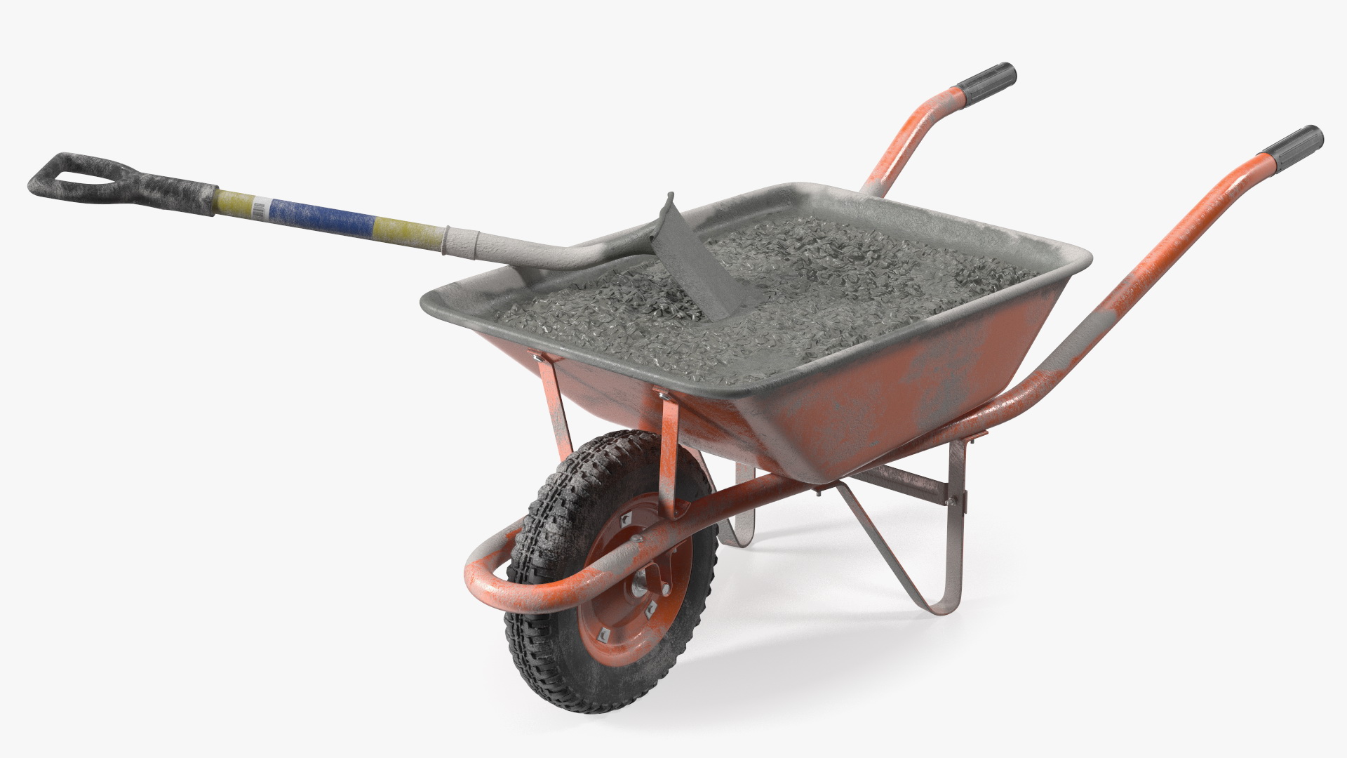 3D One Wheel Construction Cart Full of Concrete with Shovel