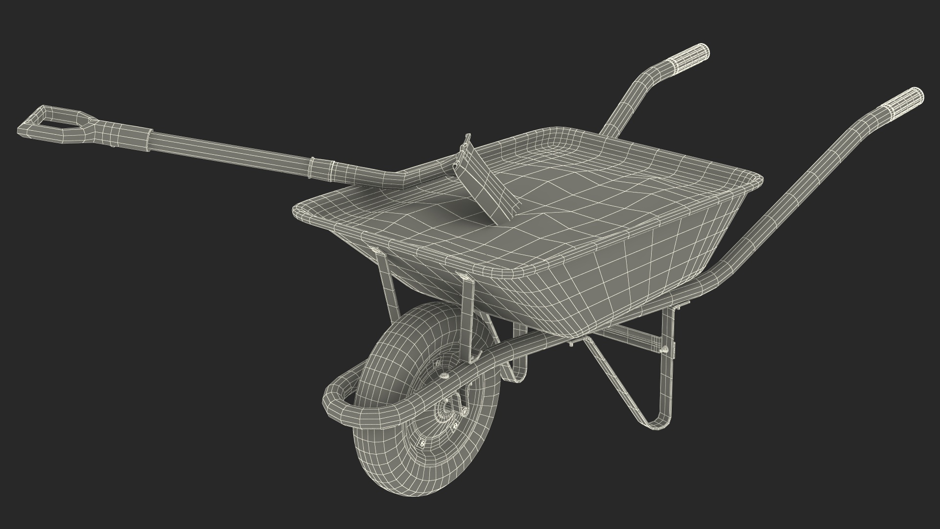 3D One Wheel Construction Cart Full of Concrete with Shovel