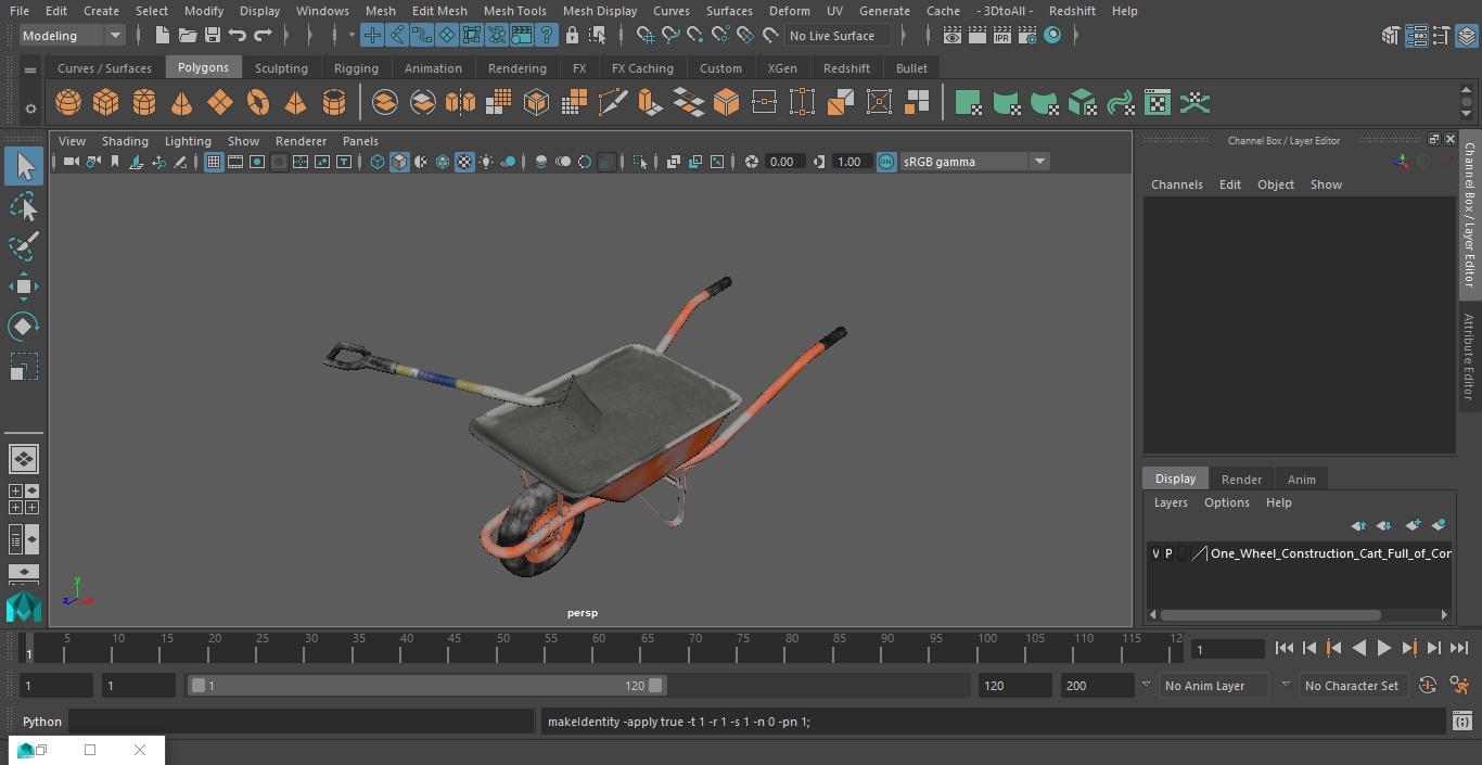 3D One Wheel Construction Cart Full of Concrete with Shovel