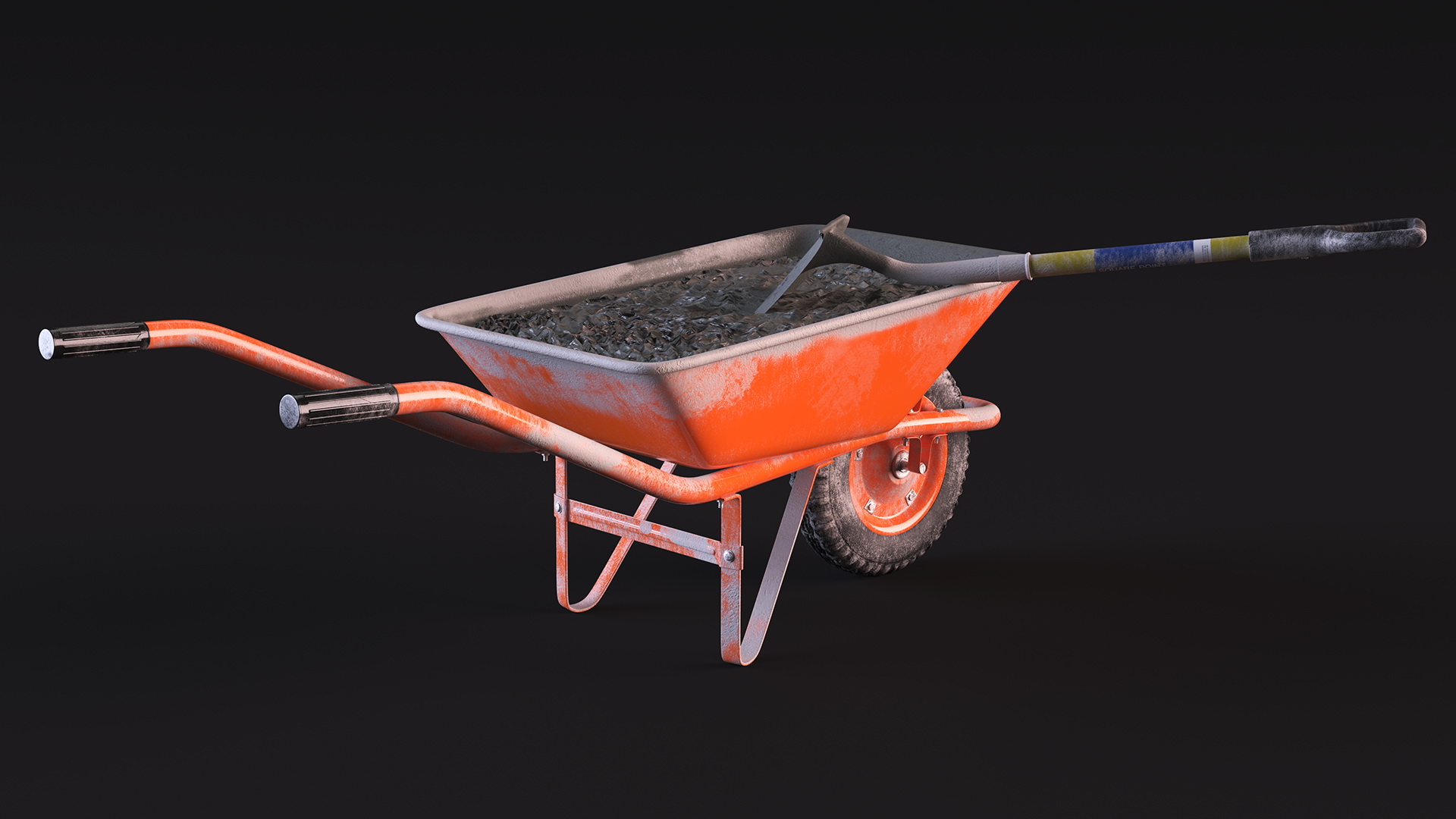 3D One Wheel Construction Cart Full of Concrete with Shovel