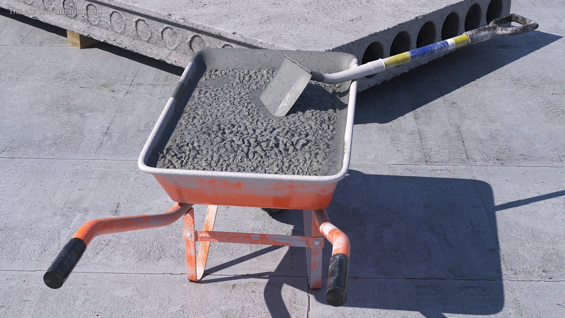 3D One Wheel Construction Cart Full of Concrete with Shovel