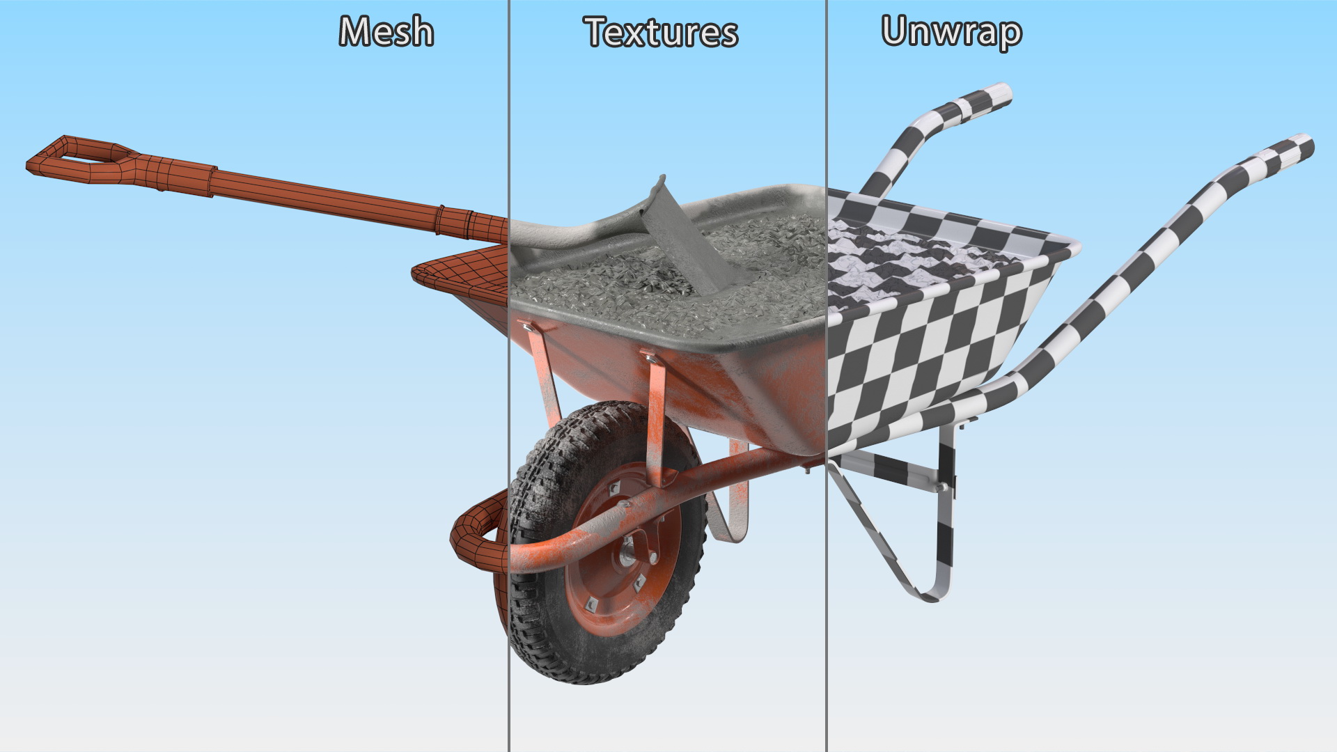 3D One Wheel Construction Cart Full of Concrete with Shovel