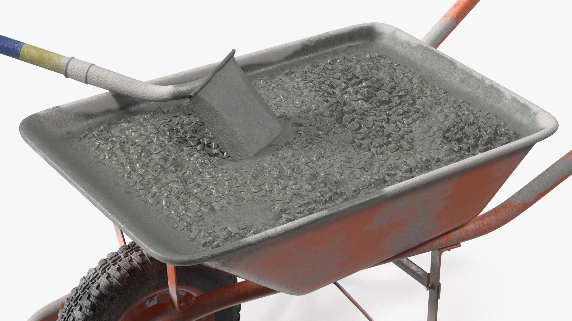 3D One Wheel Construction Cart Full of Concrete with Shovel