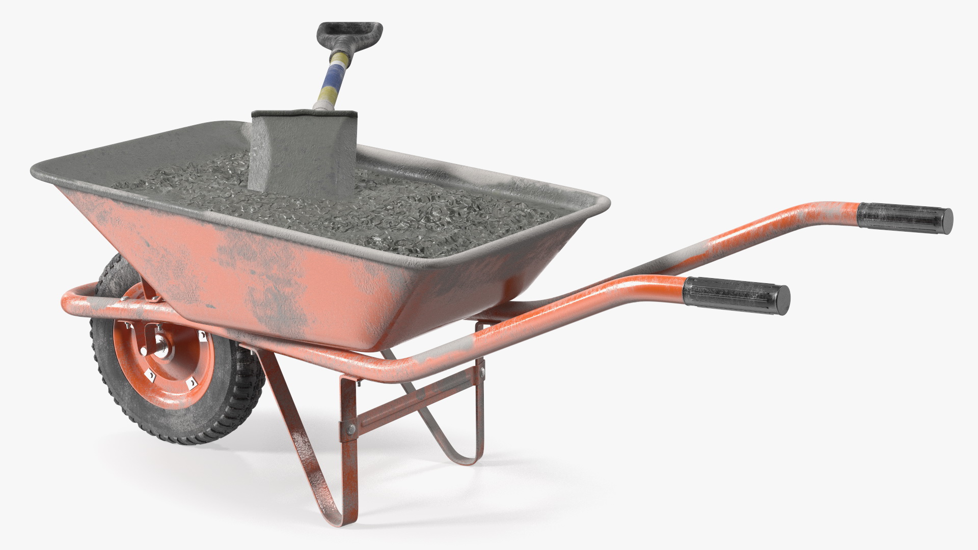 3D One Wheel Construction Cart Full of Concrete with Shovel
