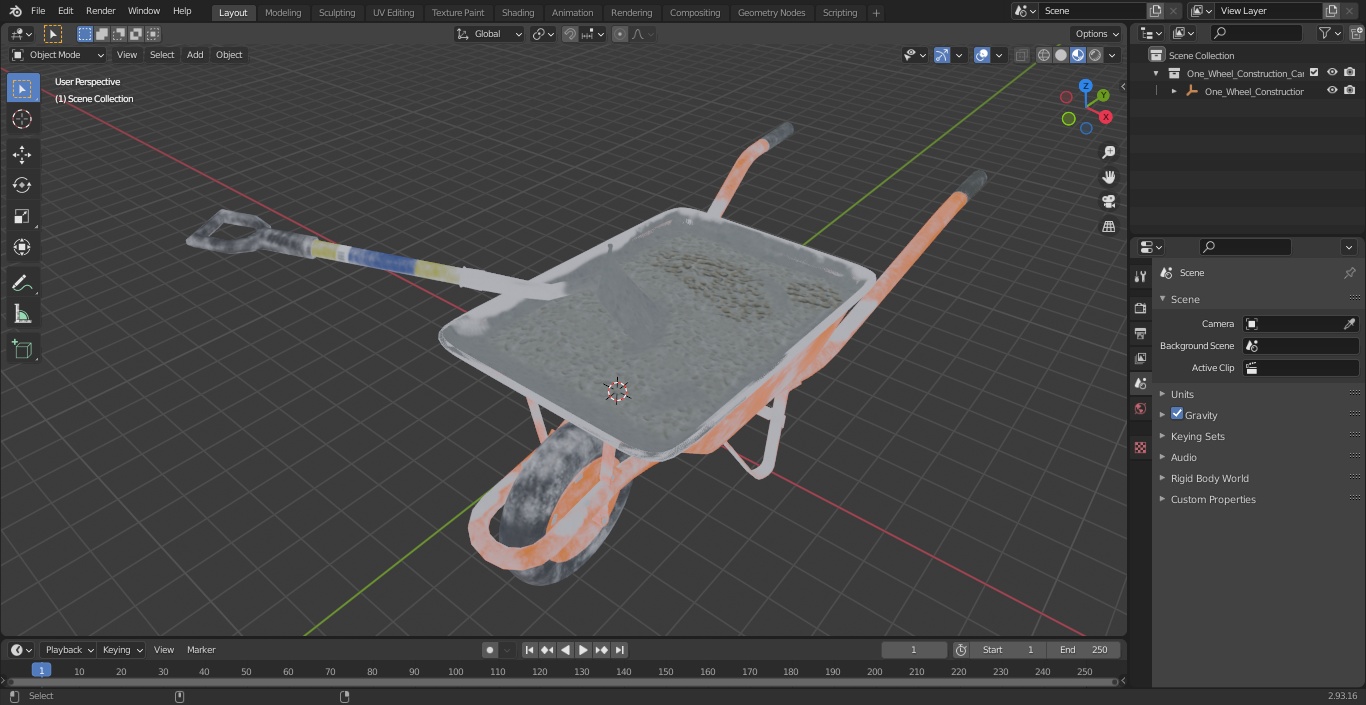 3D One Wheel Construction Cart Full of Concrete with Shovel
