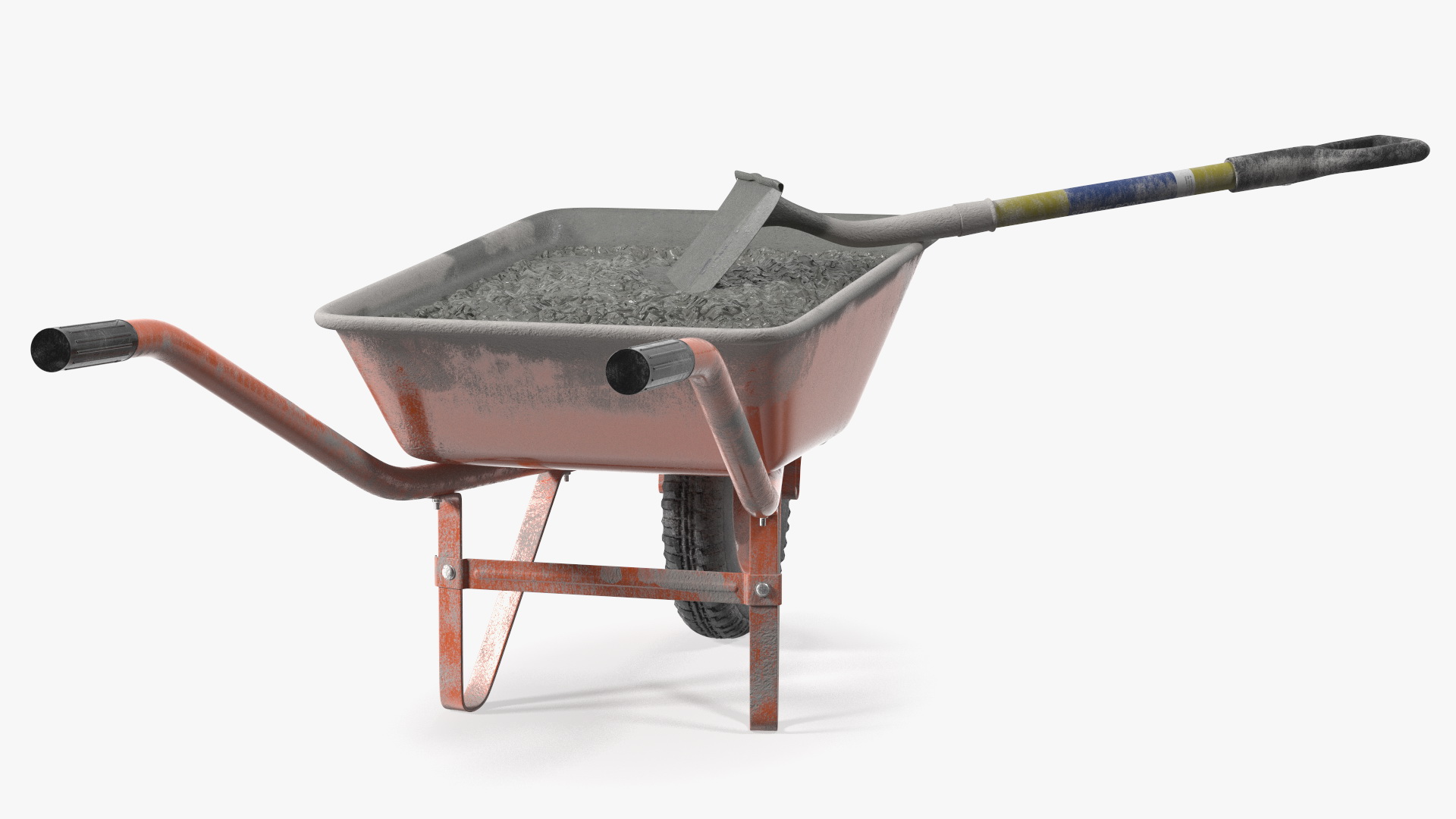 3D One Wheel Construction Cart Full of Concrete with Shovel