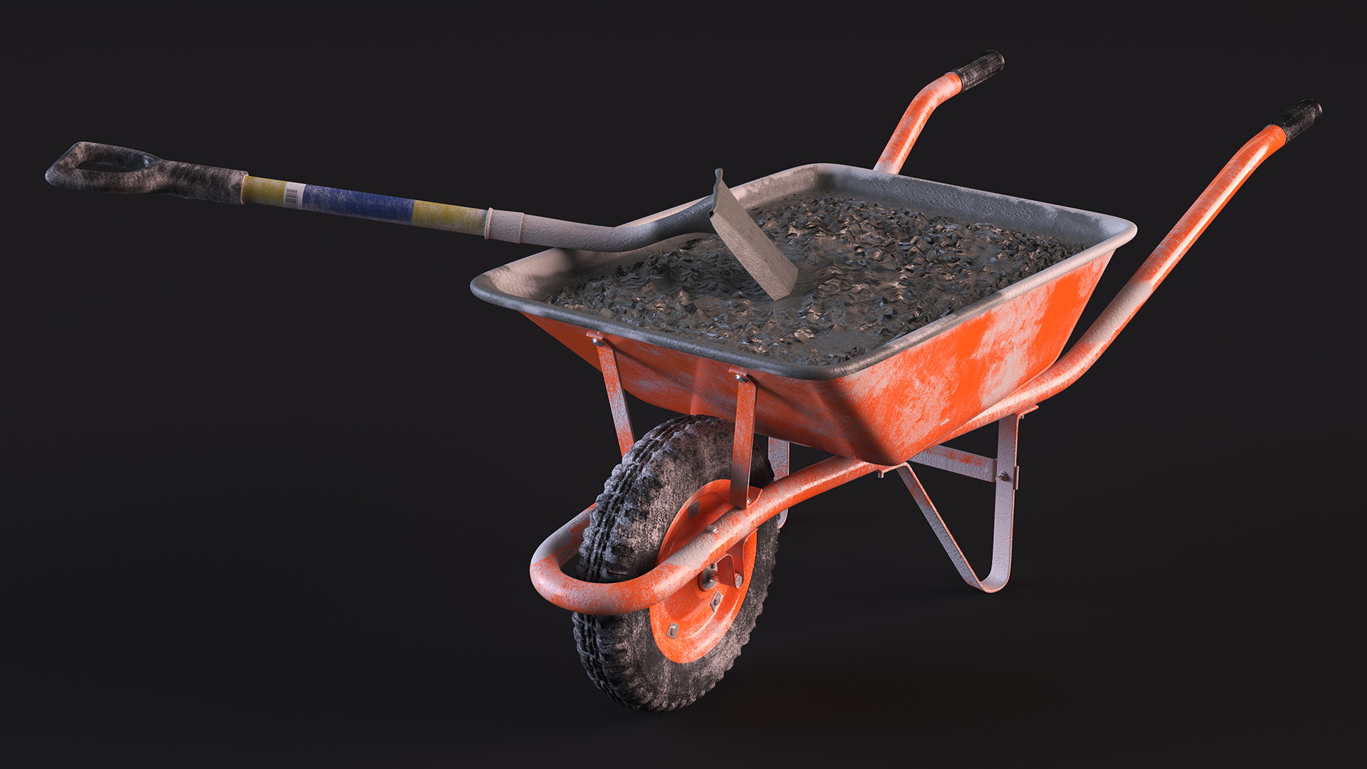 3D One Wheel Construction Cart Full of Concrete with Shovel