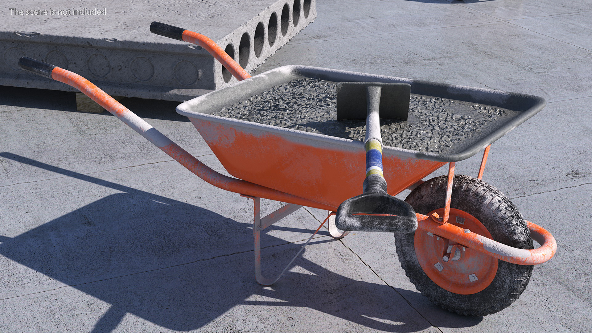 3D One Wheel Construction Cart Full of Concrete with Shovel